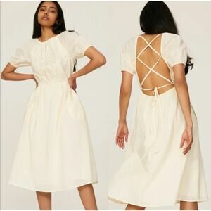 Pamela Love Midi Dress Light Yellow Puff Sleeve Embroidered 100% cotton Medium